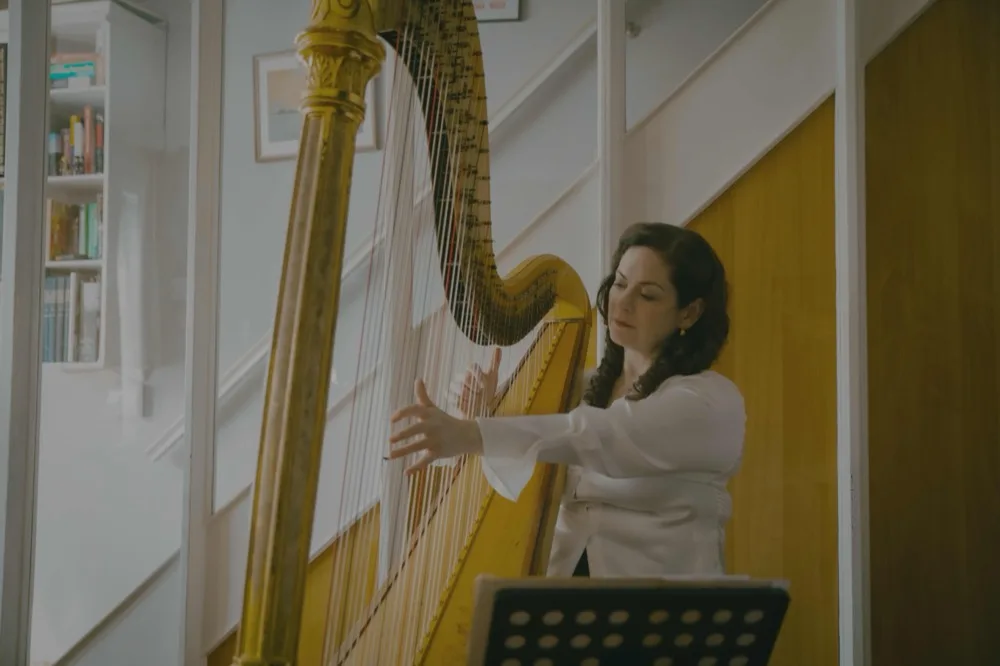 Yvonne looks up sharply from behind the harp strings