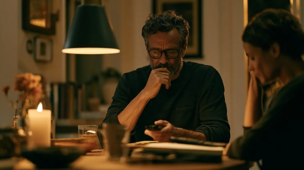 A man sits in silence at a lamplit dinner table — development artwork for Remote Silence