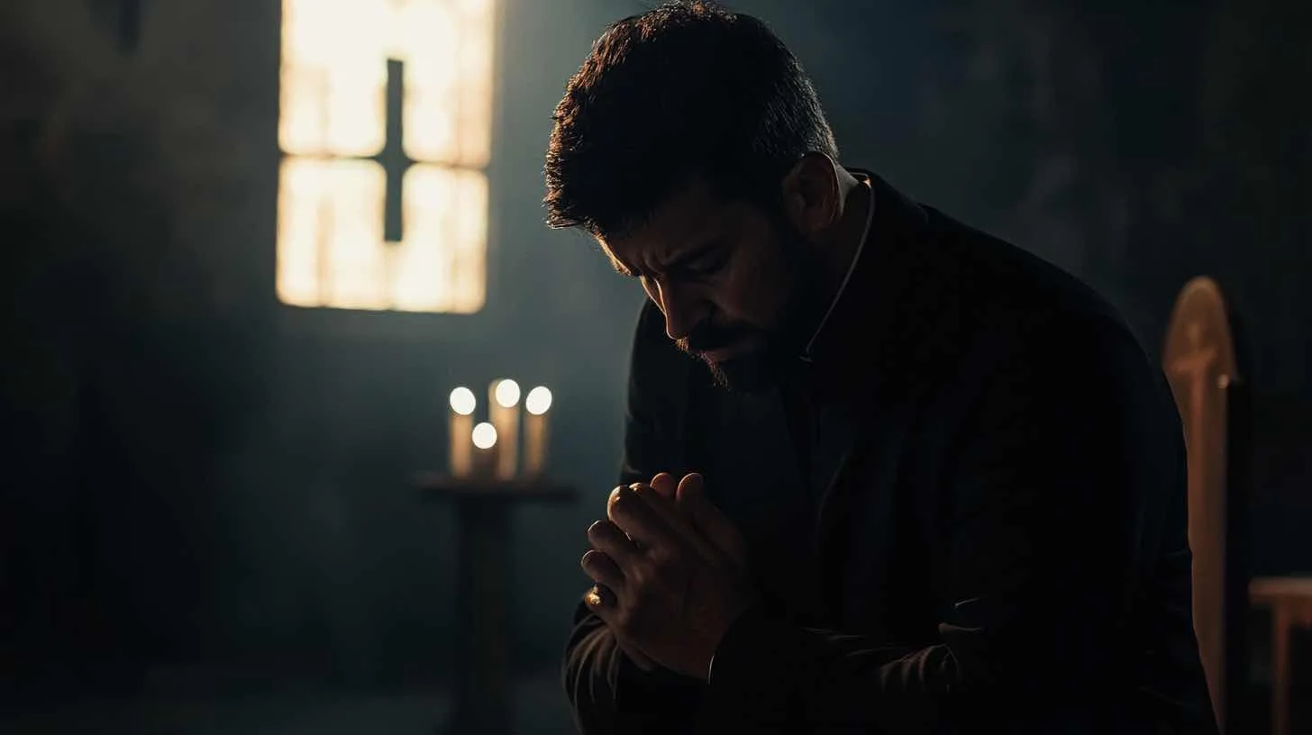 A priest kneels in prayer by candlelight — development artwork for Seal of Confession